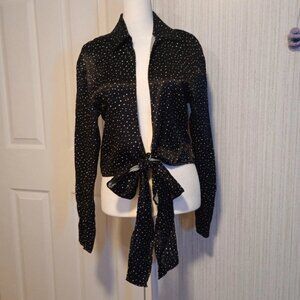 Zara Women's Size M Satin Shirt Black White Open Front Collared Tie Waist EUC